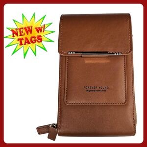 Forever Young Phone Bag Women Clear Window Wallet Wristlet Brown Fax Leather NWT